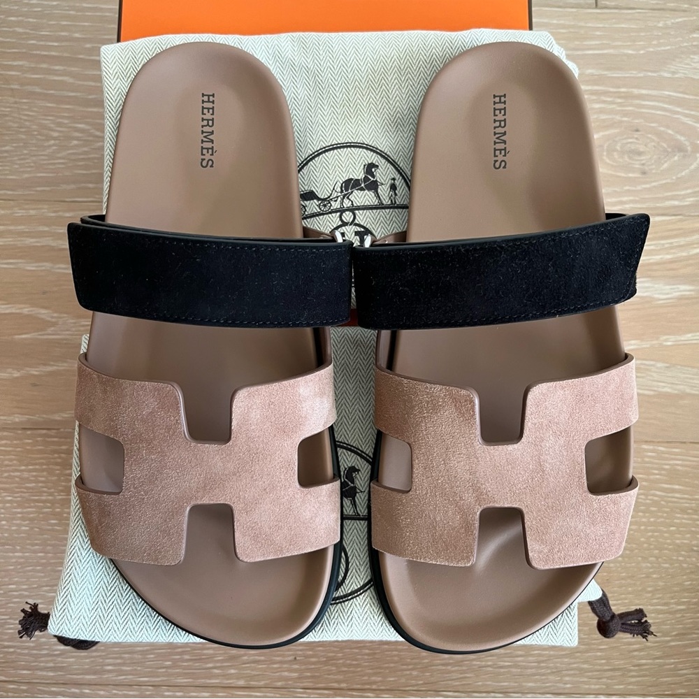 HERMÈS Chypre Sandals Rose Perle/Black size EU 38/US 8